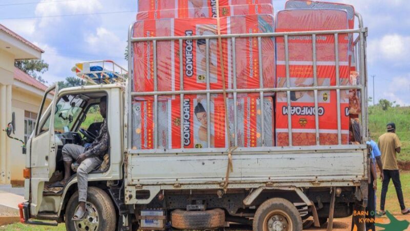 A truck arrives loaded with Comfoam mattresses for distribution to 30 children with special needs