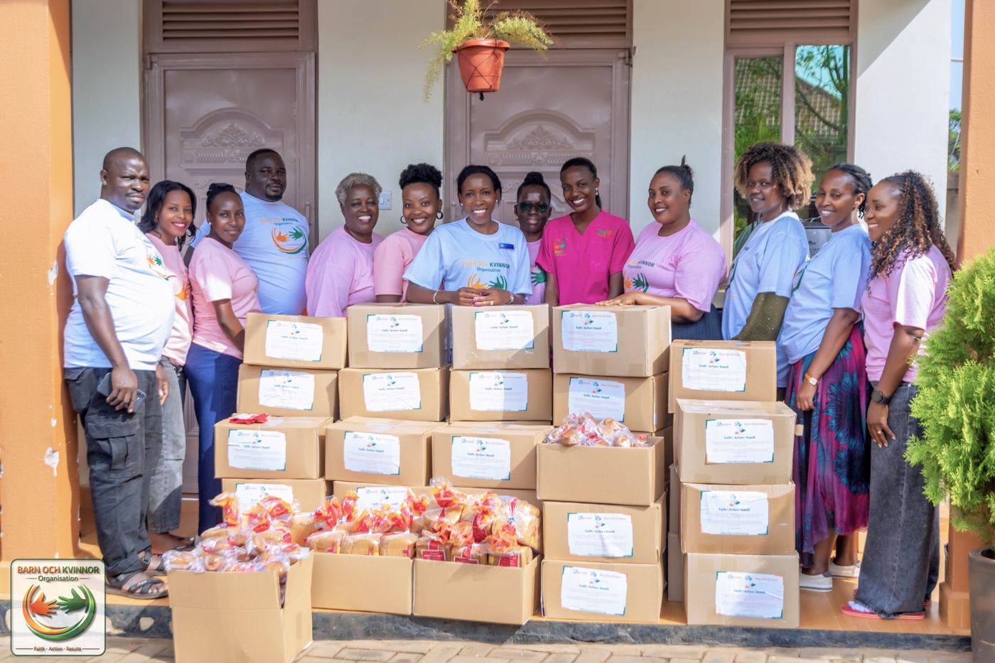 The BOK team with bread and household food packages ready for distribution to families.