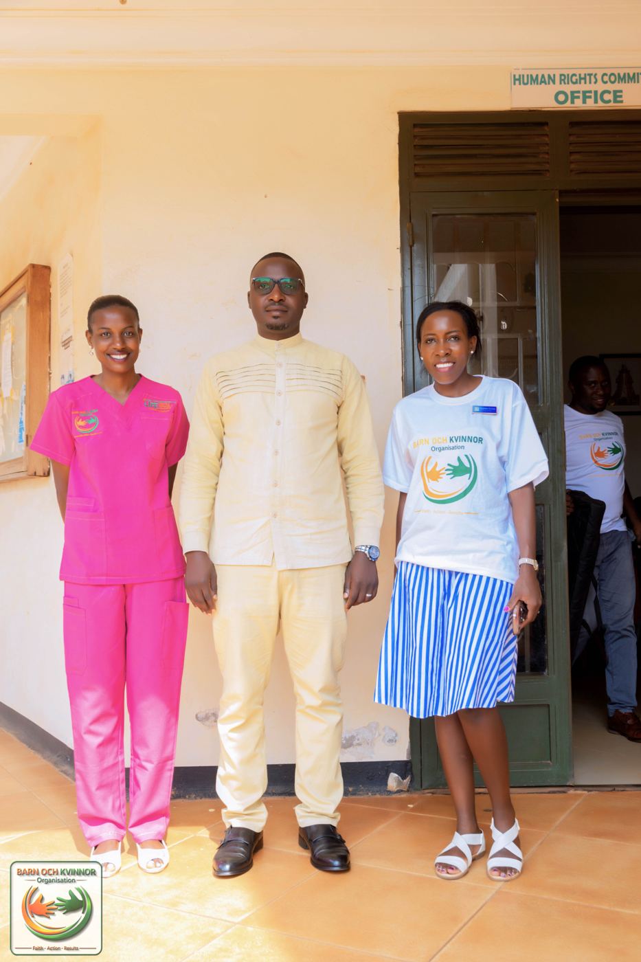 Physiotherapist Babra Komuhangi and Founder Daphine Leeser meet with the District Chairperson for Human Rights, underscoring BOK's continued partnership with local government and human rights structures in Wakiso District, Uganda.