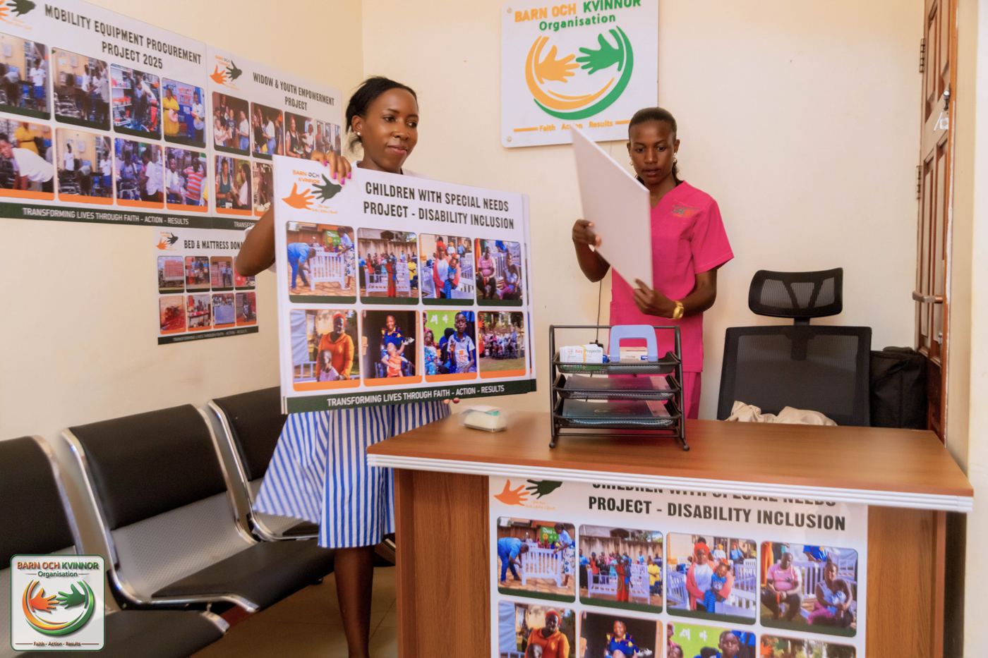 BOK staff prepare project display boards at the organisation's office located in Wakiso district, Uganda, documenting the organisation's Children with Special Needs, Widow & Youth Empowerment, and Mobility Equipment projects ahead of the outreach.