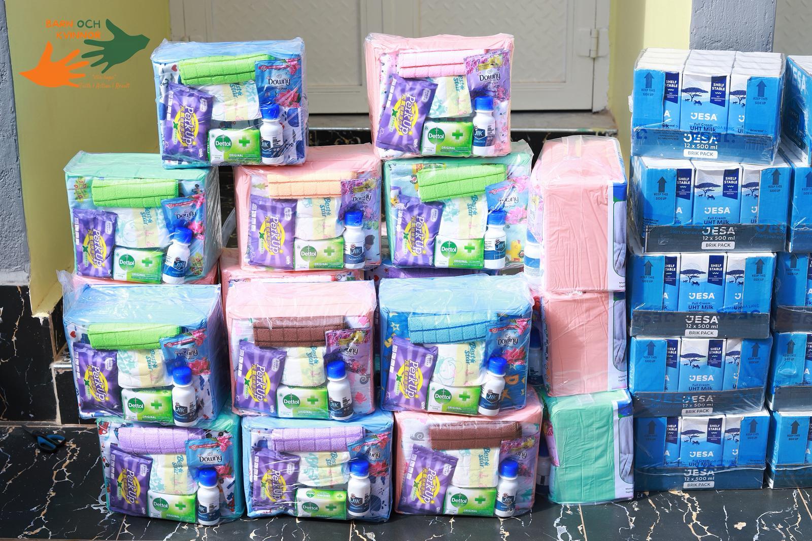 Stacks of Mama Kits ready for distribution